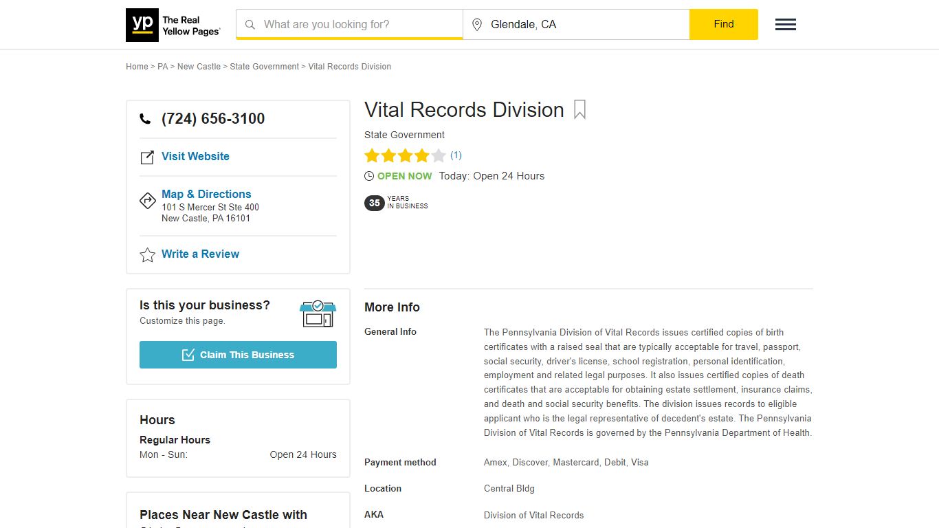 Vital Records Division in New Castle , PA - YP.com